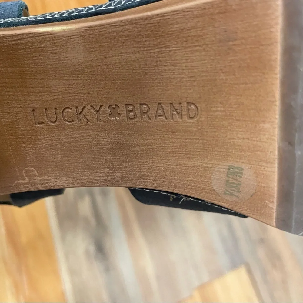 Lucky Brand Harvia platform sandals Women's 8 Black leather wood block Heel